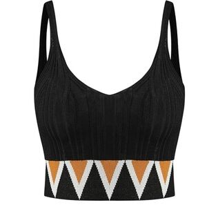 Cider Boho Printed Black and Orange Women's Knit Top Crop Festival Halter Sz S